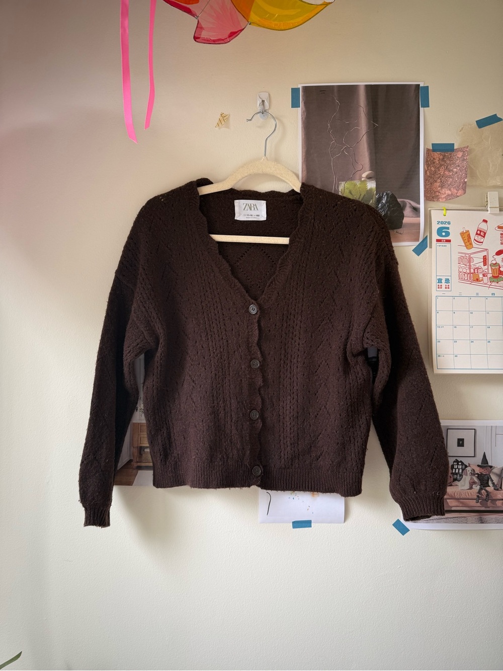 ZARA Chocolate Brown V-Neck Cable Knit Cardigan Sweater Kids 11-12
